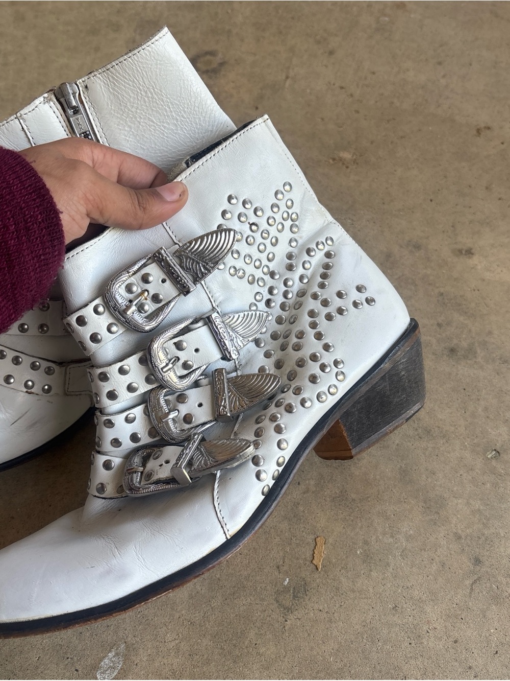 White Studded Western Ankle Boots with Silver Buckles